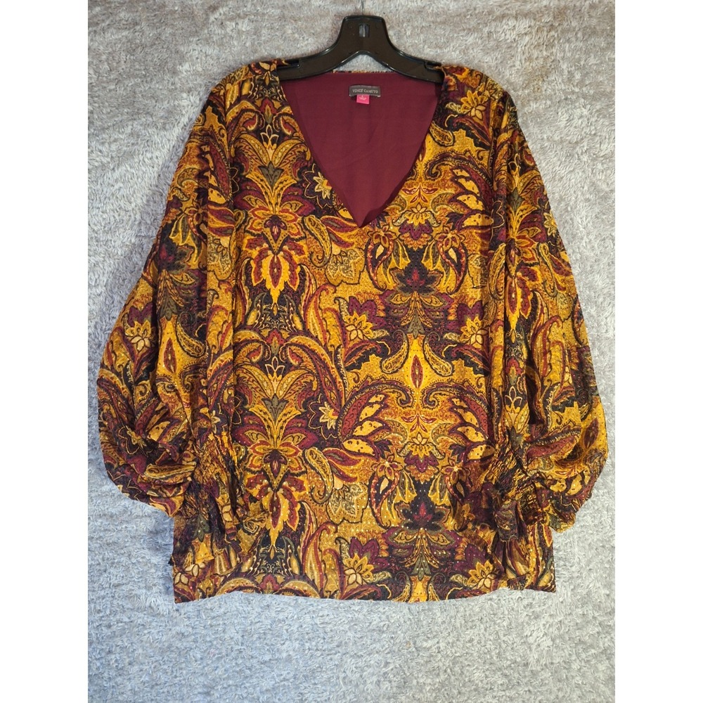 Vince Camuto Paisley Floral V-Neck Blouse Polyester Balloon Sleeve Burgundy L